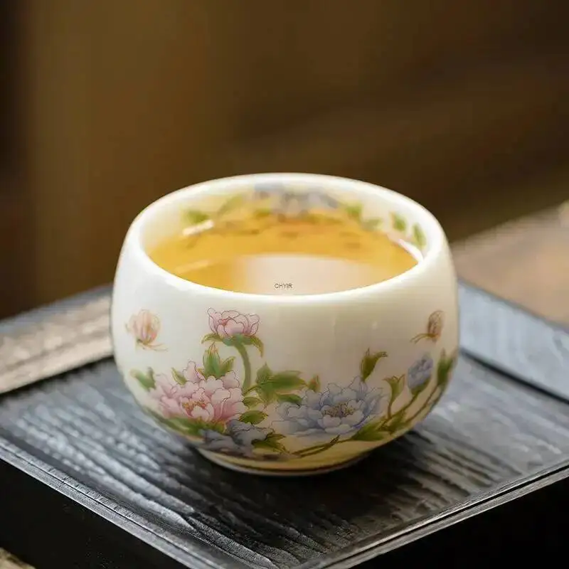 Jade Porcelain Master Cup Ceramic Tea Cup Peony Luohan Cup Kung Fu Teacup Single Cup Personal Tasting Cup Tea Bowl