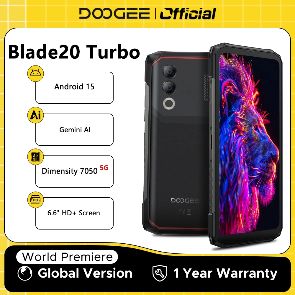 Global Version DOOGEE Blade20 Turbo 5G Rugged Phone Android 15 Gemini Al 10300mAh Battery 6.6'' HD+ 8GB 256GB NFC Smartphone