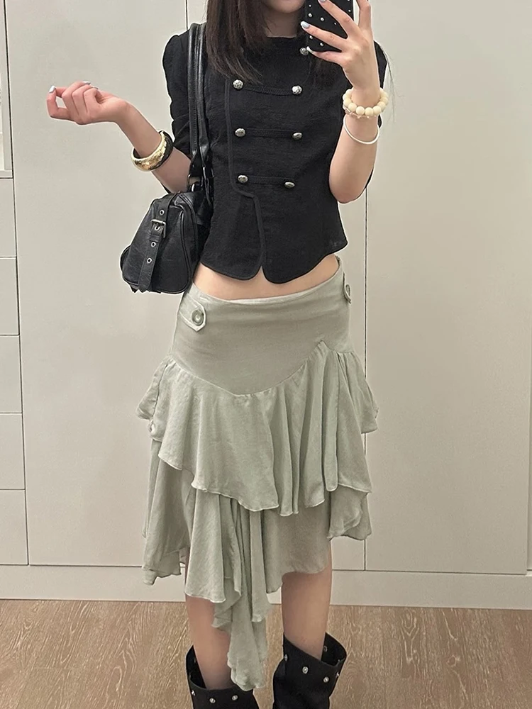 Sisterlinda Fashion 2-Piece Set Double-Breasted Half Short-Sleeve o-Neck Crop Top+Button Ruffles Irregular Hem Skirt Sweet Suits