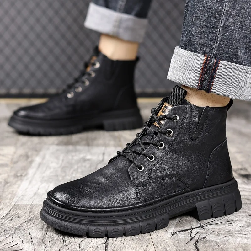 Otoño Invierno botines de cuero de vaca para hombres nuevo diseñador plataforma zapatos de algodón hombre moda Casual botas de trabajo de suela blanda hombre