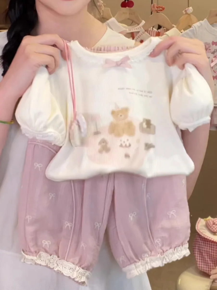 

Summer Outfit for Girls 2025 New Cartoon Short Sleeve T-Shirt with Lace Trim Anti-Mosquito Pants Two-Piece Set Casual Sportswear