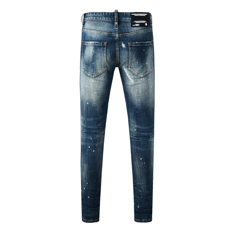 Men Vintage Blue Faded Splash Dots Distressed Skinny Jeans Mid Rise Stretch Slim Denim Streetwear Long PantsY2K