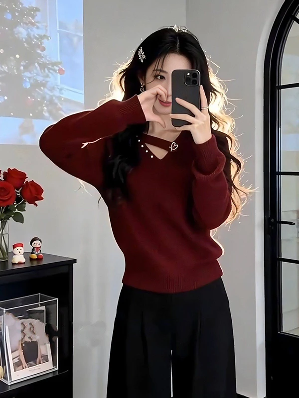 

Ele Red New Year Knitted Sweater Women's Loose Long Sve V-Ne Beaded Comfortable Slimming Casual Faion Spring 2026