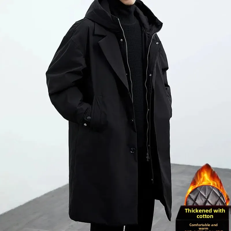 New winter and autumn style Korean-style trendy long coat for men - fake two-piece hooded mid-length windbreaker style for men