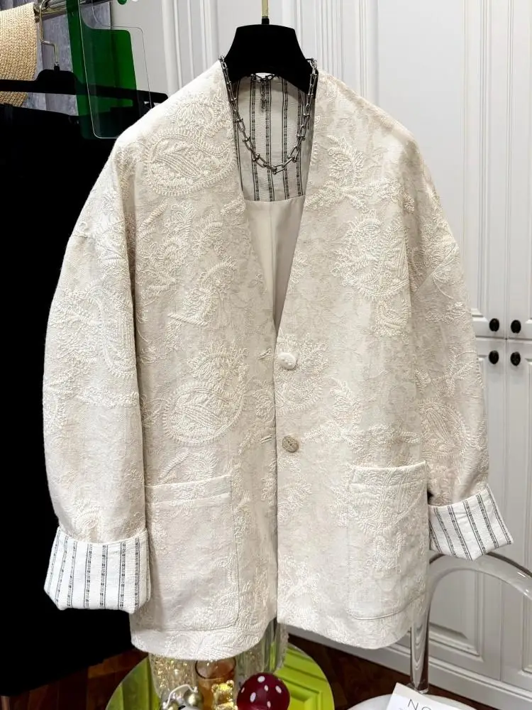 Women Jacquard Embroidery Blazer 2026 Autumn New V Neck Loose Fit Chinese Style Elegant Casual Ladies Outerwear