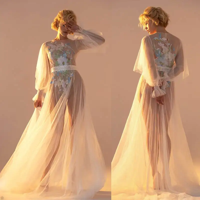Elegant Women Robe Nightgown Bridal Pajamas Long Sleeve Appliques Maternity Dressing Shower Gown for Photography Custom Made