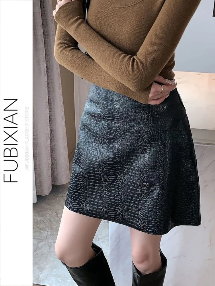 

Bla Crocodile Pattern f-length Skirt Korean Sle Slimming ort A-line Leather Skirt for Women Trendy Autumn Faion