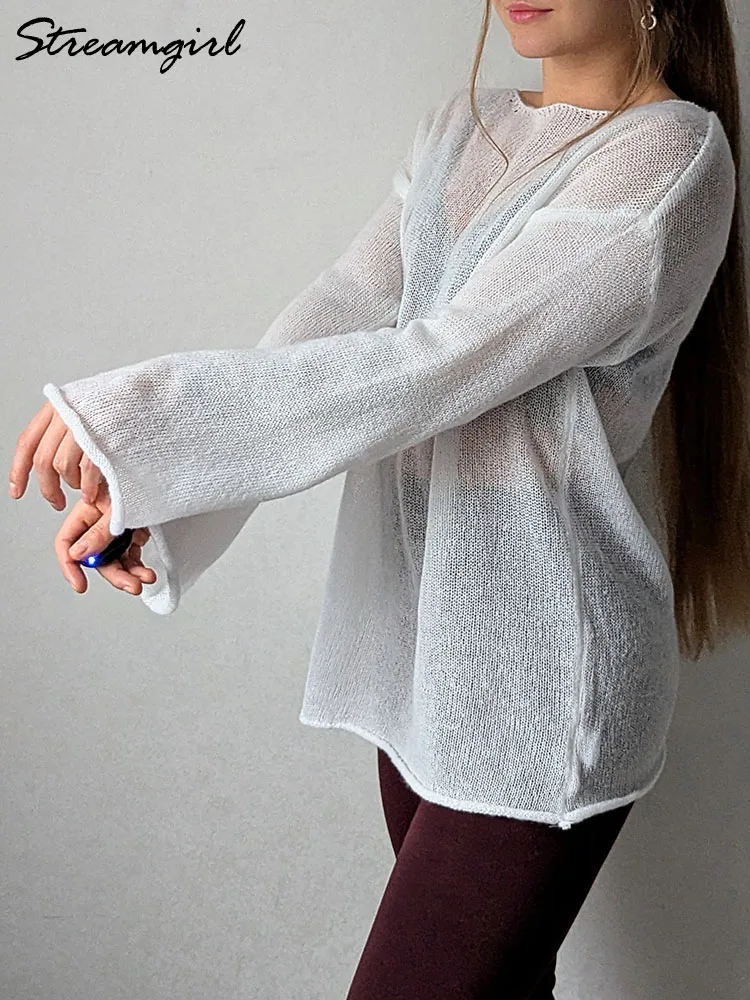 Women Summer Oversized Transparent Sweater Brown Loose Thin Pullover Seethtough Tops Long Sleeve Knit Hollow Out Sweaters Pink