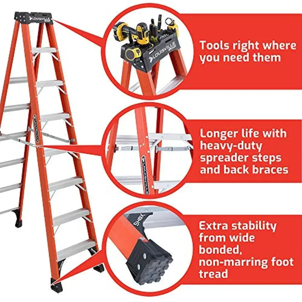 8ft Fiberglass Step Ladder 375lb Load Capacity Non-Conductive Safety Assurance ANSI/OSHA Orange