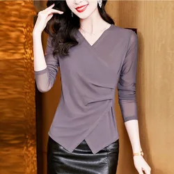 2023 Spring and Autumn Women's Pullover V-neck Patchwork Asymmetric Solid Color Fashion Casual Elegant Commuter Long Sleeve Tops