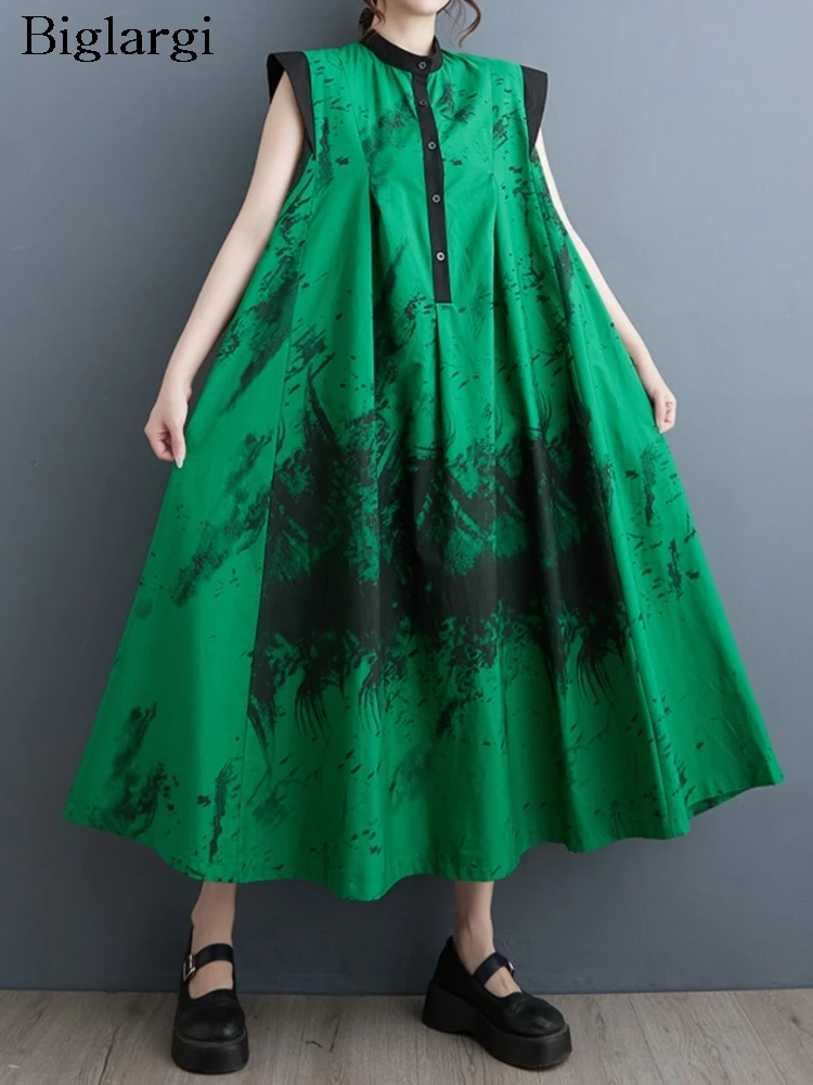 

Oversized Summer Sleeveless Dress Women Irregular Graffiti Print Fashion Ruffle Ladies Dresses A-Line Loose Pleated Woman Dress