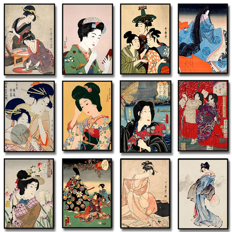 Retro Japan Ukiyo-e Japanese Geisha Oriental Woman Canvas Painting Art Poster and Print Wall Art Picture Mural Living Room Decor