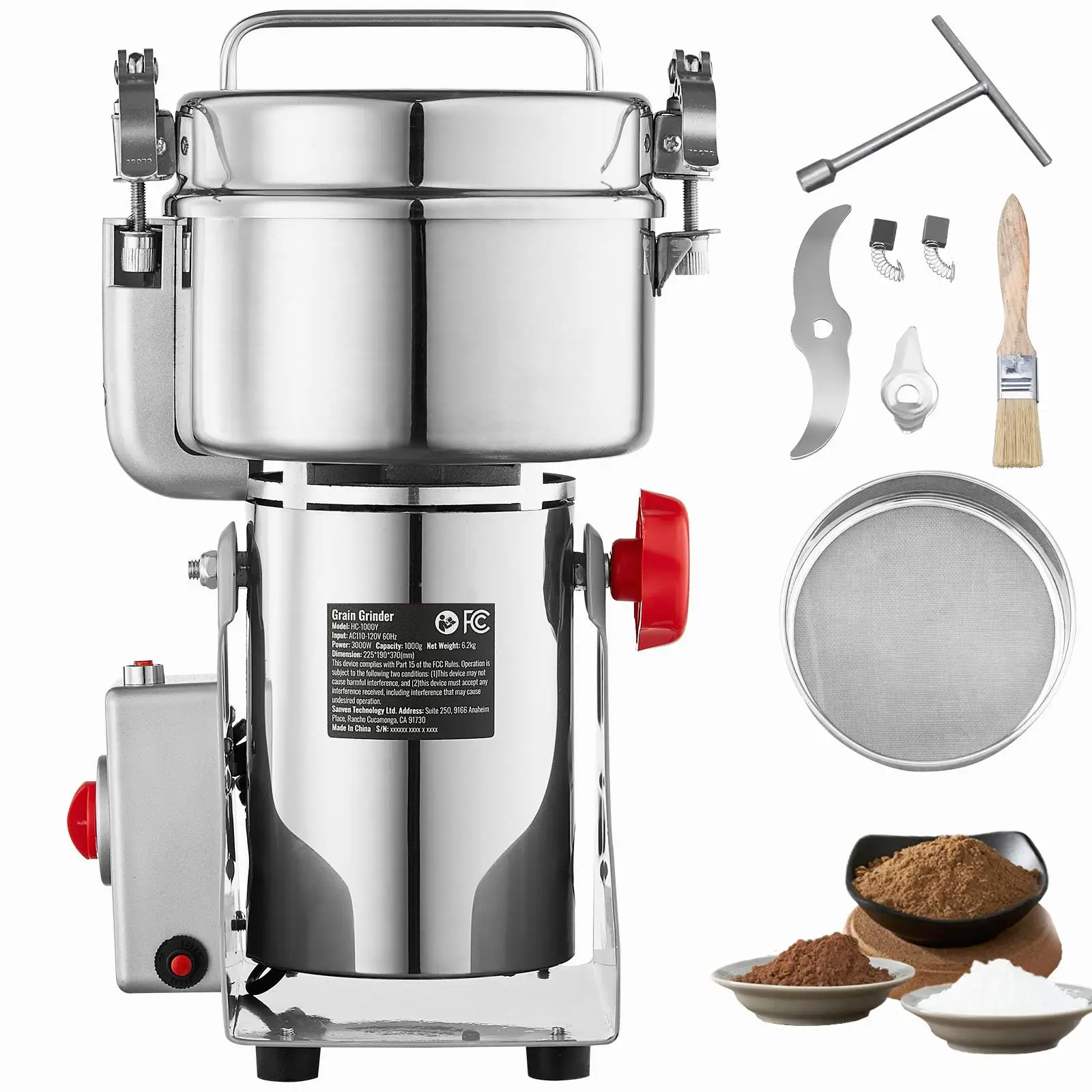 1000g 3000W High Electric Grain Mill Grinder Stainless Steel Swing Type Pulverizer for dry Grains Spices Cereals Coffee Corn Pepper