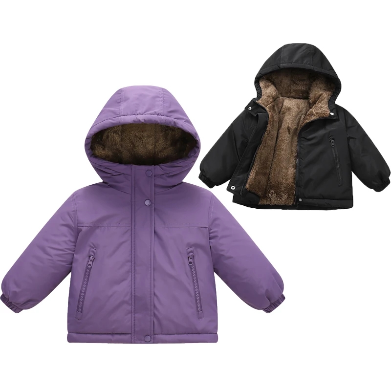 2-6Y Boys Girls Jacket Solid Color Autumn Winter Lamb Fleece Lining Thick Hooded Zipper Coat For Kids Cotton Warm Snowsuit