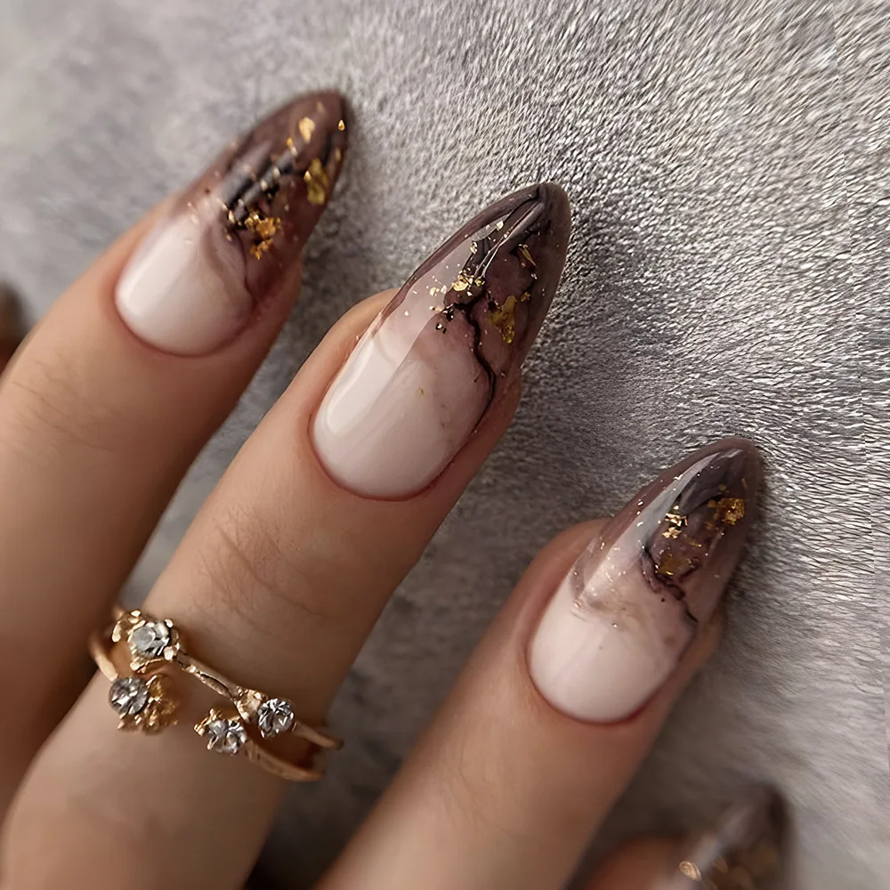 24Pcs Gradient Red Press on Nails with Sequin Glitter Long Almond Fake Nail Wearable Stiletto Nails Art Artifical False Nails