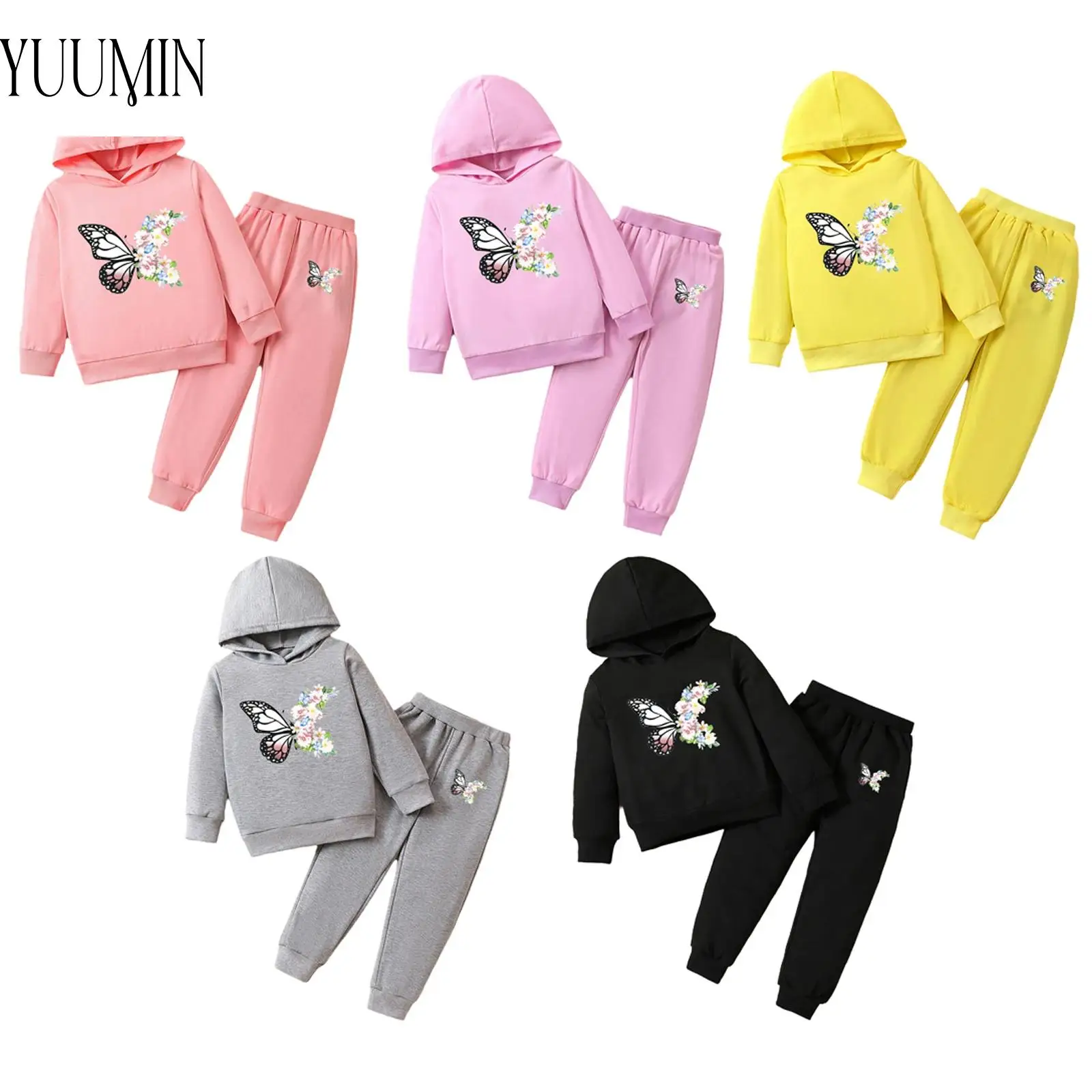 

2025 Kids Girl's Cute Butterfly Print Outfit Tracksuit Long Sleeves Hoodie with Pants for Outdoor Sports Workout Running Camping