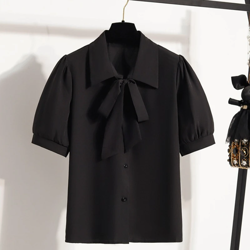 2025 ผู้หญิงแขนสั้นหลวมพลัสขนาดเสื้อElegantแขนสั้นเดี่ยวBreastedเสื้อBow Lace-Upเสื้ออเนกประสงค์