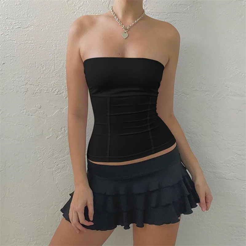 Women Satin Tube Top Solid Color Bandage Strapless Sleeveless Bandeau Cropped Tops Young Girl Slim Fit Crop Tank Tops