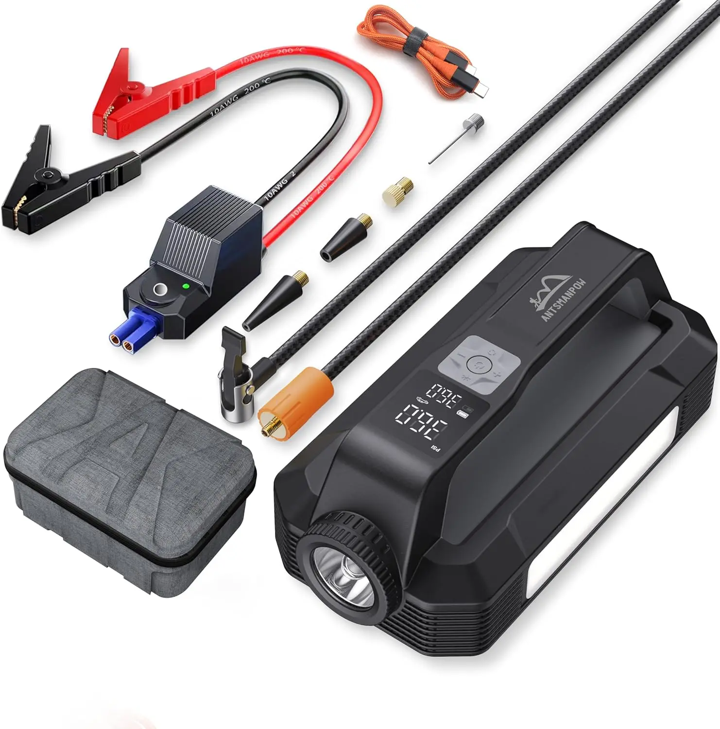 

6000A Portable Car Battery Jump Starter with 150PSI Air Compressor, 100W Fast Charge, 1200LM Light, for 12V Gas/Diesel Cars