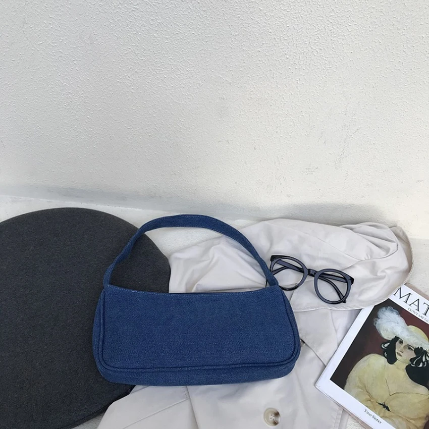 الصيف المرأة الأزرق الإبط حقيبة لينة سستة مربع حقائب كتف عارضة أزياء بلون القماش حقيبة يد الإناث