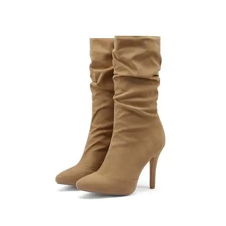 Jeans Denim Flock Material Pointed Toe Sexy Stilettos Pink Nude Color Super Thin High Heels Mid-calf Pleated Design Women Boots