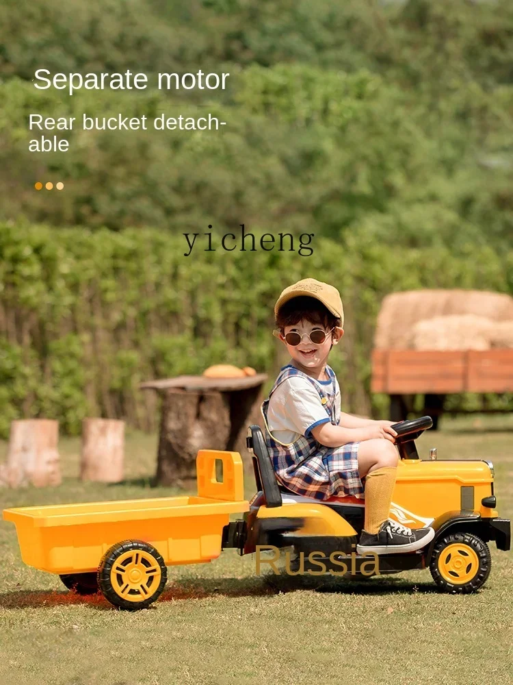 Coche de juguete con tractor eléctrico para niños XL con cubo puede sentarse en cuatro ruedas recargable con coche de Control remoto
