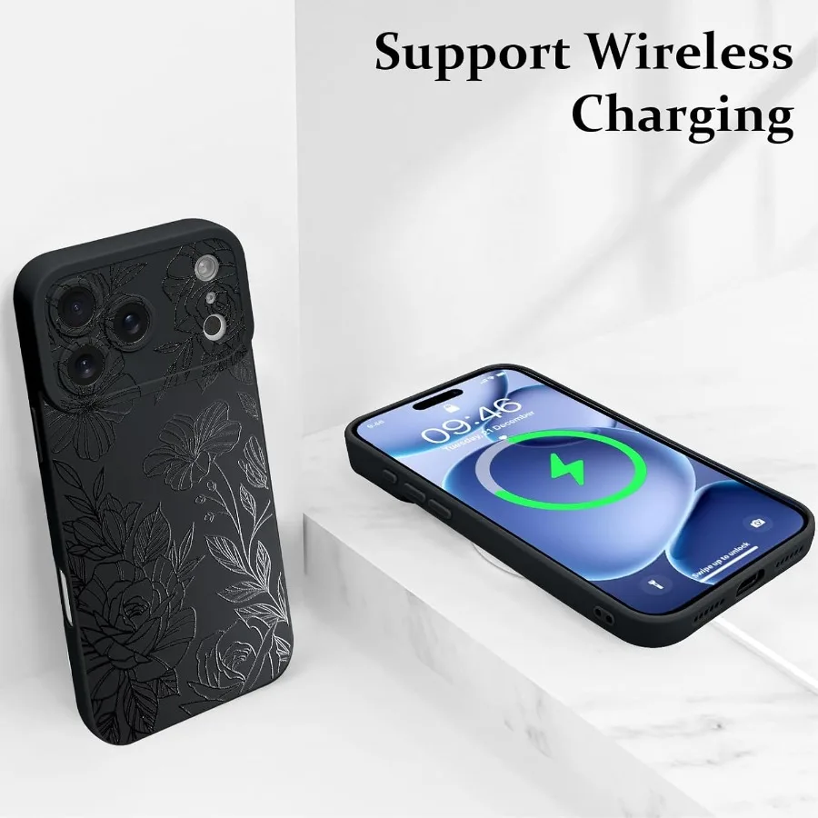 تصميم مطبوع بنمط زهور سوداء، عدسة كاميرا كاملة ناعمة من مادة TPU مضادة للسقوط ومضادة للخدش ومضادة للصدمات