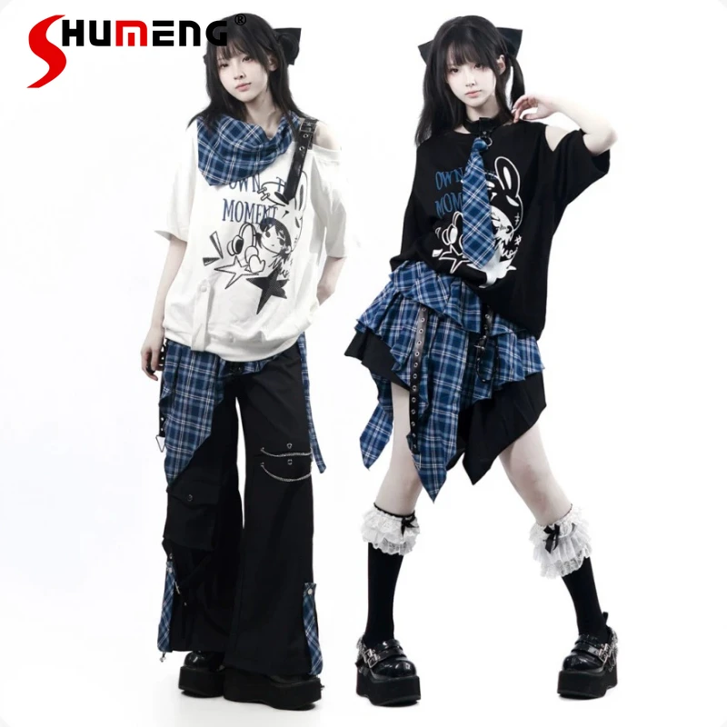 

Original Design Y2k Student Matching Sets Japanese Kawaii Girls Cartoon Print Short-sleeved T-shirt Irregular Skirt Pants Outfit