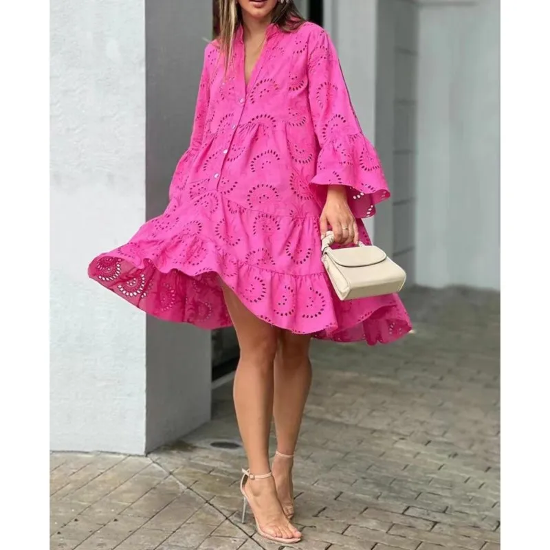 

New Women's Dress Solid V-neck Embroidered Hollow Lace Flower Sexy Dress Spring Autumn Loose Casual Long Sleeves Elegant Dress