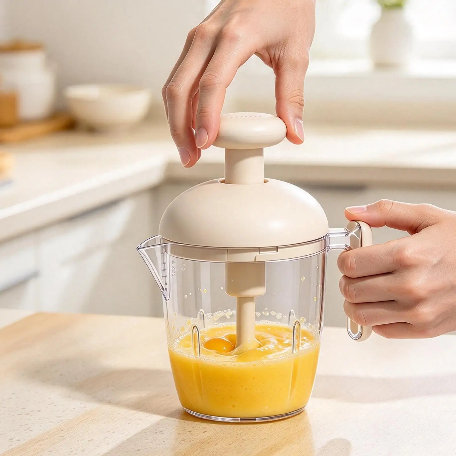 Manual Egg Mixer,Press The Egg Beater Cup,Hand Push Rotary Whisk Blender Cup,Built-In Mesh Filter for Foam Removal