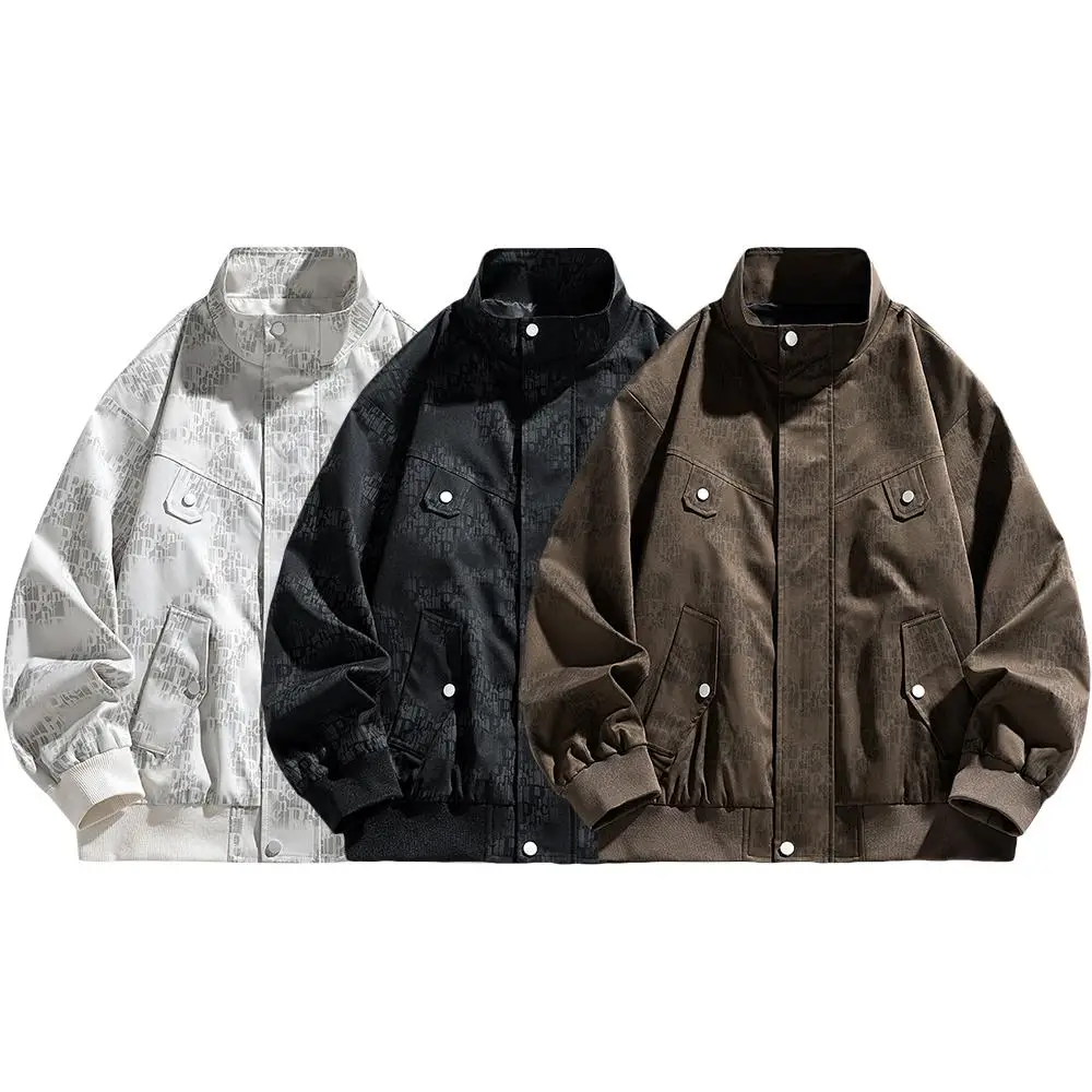 American Vintage Letter Print Jacket Stand Collar Workwear Tops Multi-pocket Men's Spring/Autumn New Style Pilot Coat