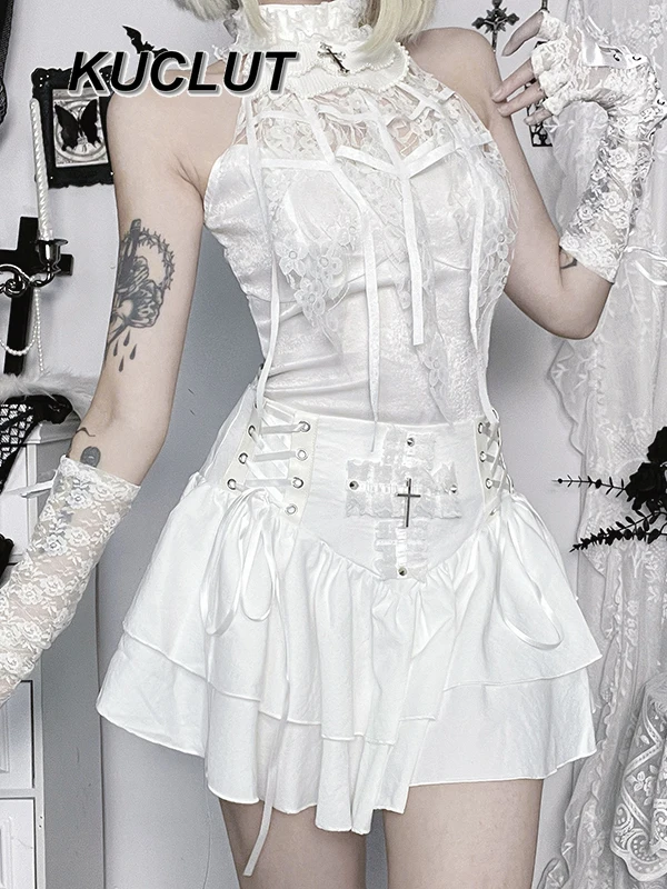 

Gothic White Lace Short Sleeve Top and Skirt Set Subculture Wears Y2k Style Casual Suit Fashion Summer Women's Two Piece Sets