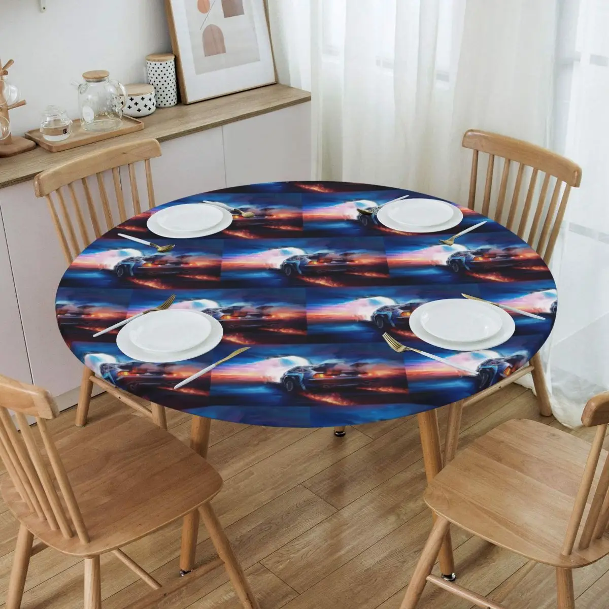 Back To The Future Delorean Time Machine Waterproof Round Tablecloth Oilproof Table Cloth for Kitchen Events Dining Table Cover