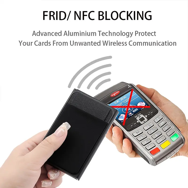 RFID ที่ใส่บัตรกระเป๋าเงินอัจฉริยะกระเป๋าสตางค์โลหะแบบบางสำหรับผู้หญิงกระเป๋าสตางค์แบบป๊อปอัพขนาดเล็กสีดำ