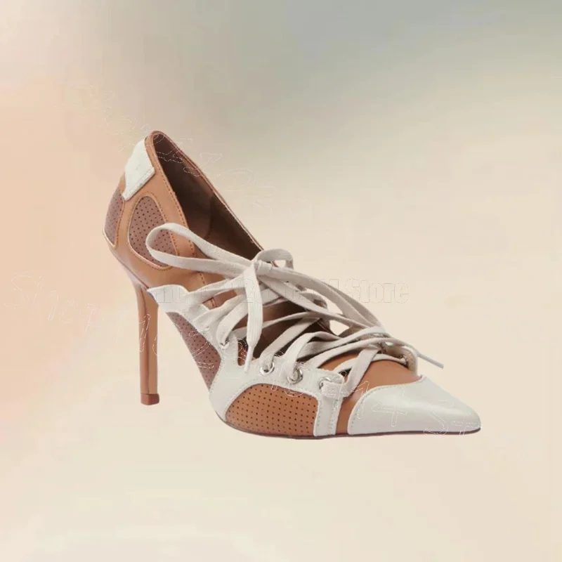 

Brown White Breathable Cross Tied Pumps Lace Up Women Shoes Thin High Heels Pointed Toe Party Banquet 2025 Zapatos Para Mujere