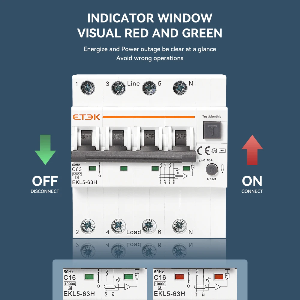 ETEK RCBO Residual Circuit Breaker Over Current Leakage Protection Type AC 1P+N 3P+N 2P 4P 63A 30mA EKL5