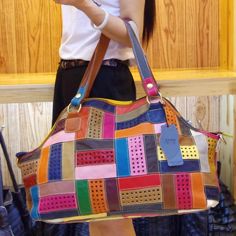 UKF Vintage Ladies Casual Colorful Patchwork Design Handbag Random Stitching Shoulder Bag Female Tote Bag сумка женская bolsos