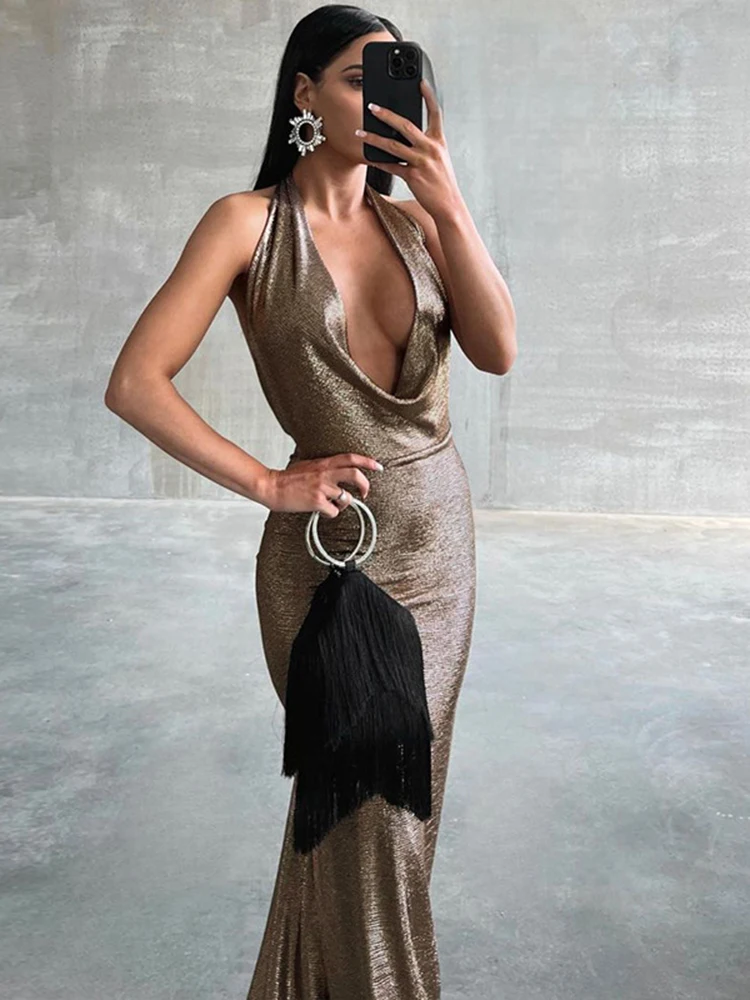 Dulzura Bling Glitter Women Halter Maxi Dress V Neck Backless Long Dress Party Evening Birthday Clothes Elegant Prom Outfit