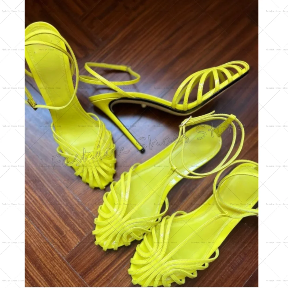 Yellow Hollow Out Tip Binding Sandals Buckle Strap Women Shoes Thin High Heels Party Banquet Dating 2025 Zapatos Para Mujere