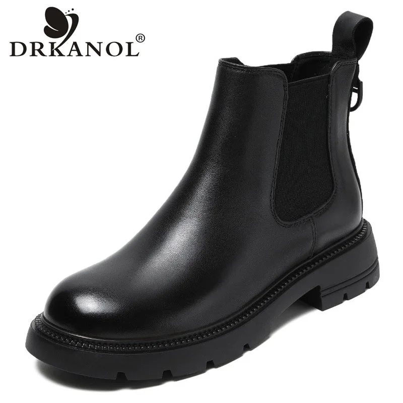 DRKANOL 2024 British Style Women Chelsea Boots Square Heel Platform Slip On Ankle Boots For Women Genuine Leather Casual Boots