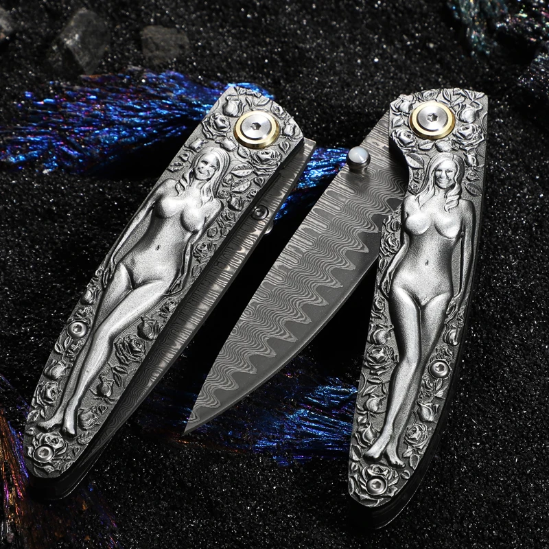 Japanese Damascus Steel folding craft knife Pocket knife Wilderness Survival self-defense Outdoor camping fishing folding knife