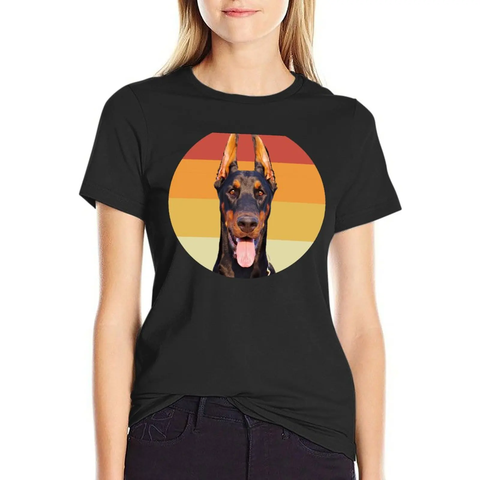 doberman pinscher vintage retro face dog T-Shirt Short sleeve tee shirts graphic tees tees summer top Women clothing