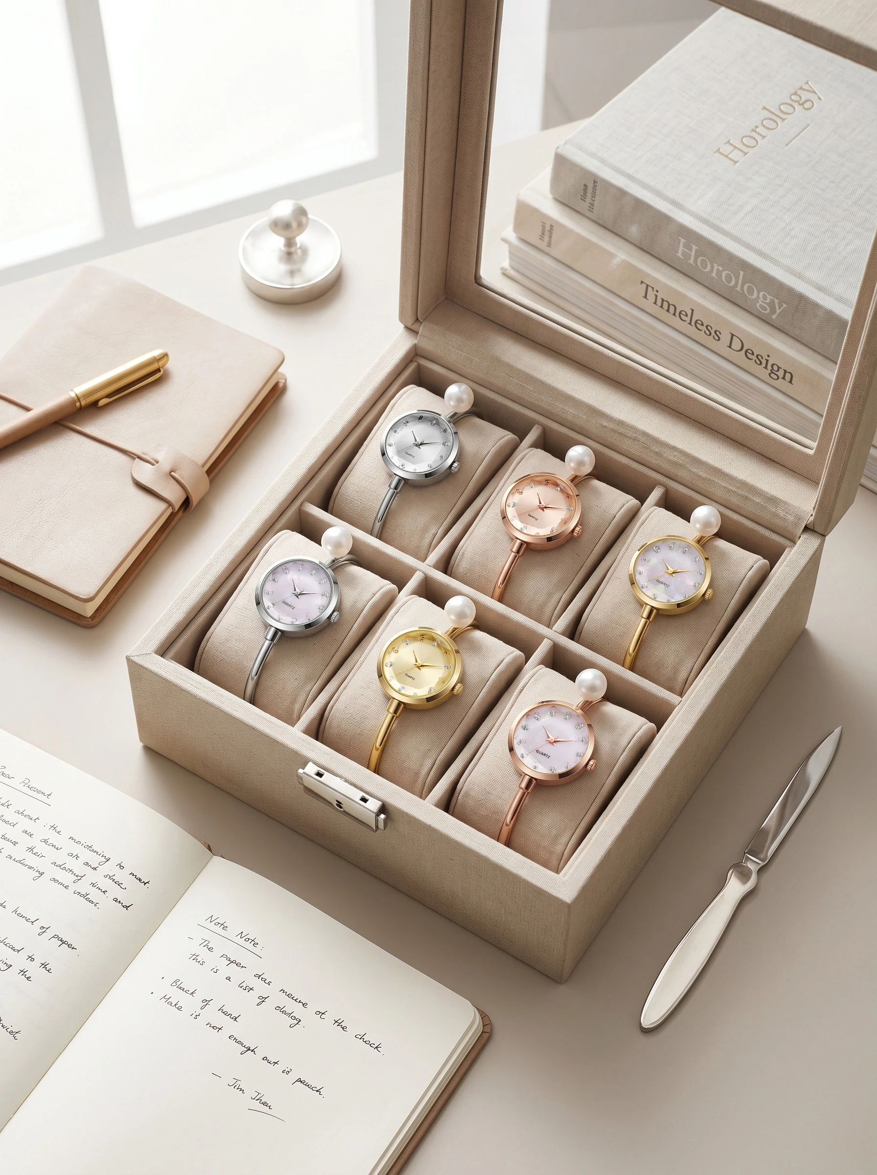 

6pcs/set Teen Pearl Bangle Watch Set, No Box, Elegant Crystal Quartz Wristwatch For Back To School, Vacation & Holiday