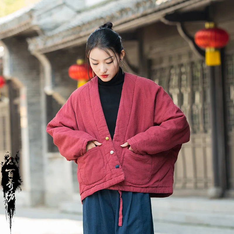 Women Vintage Linen Parkas V-Neck Solid Color Long Sleeve Loose Coats New Winter New Pockets Parkas Women's Clothing Harajuku