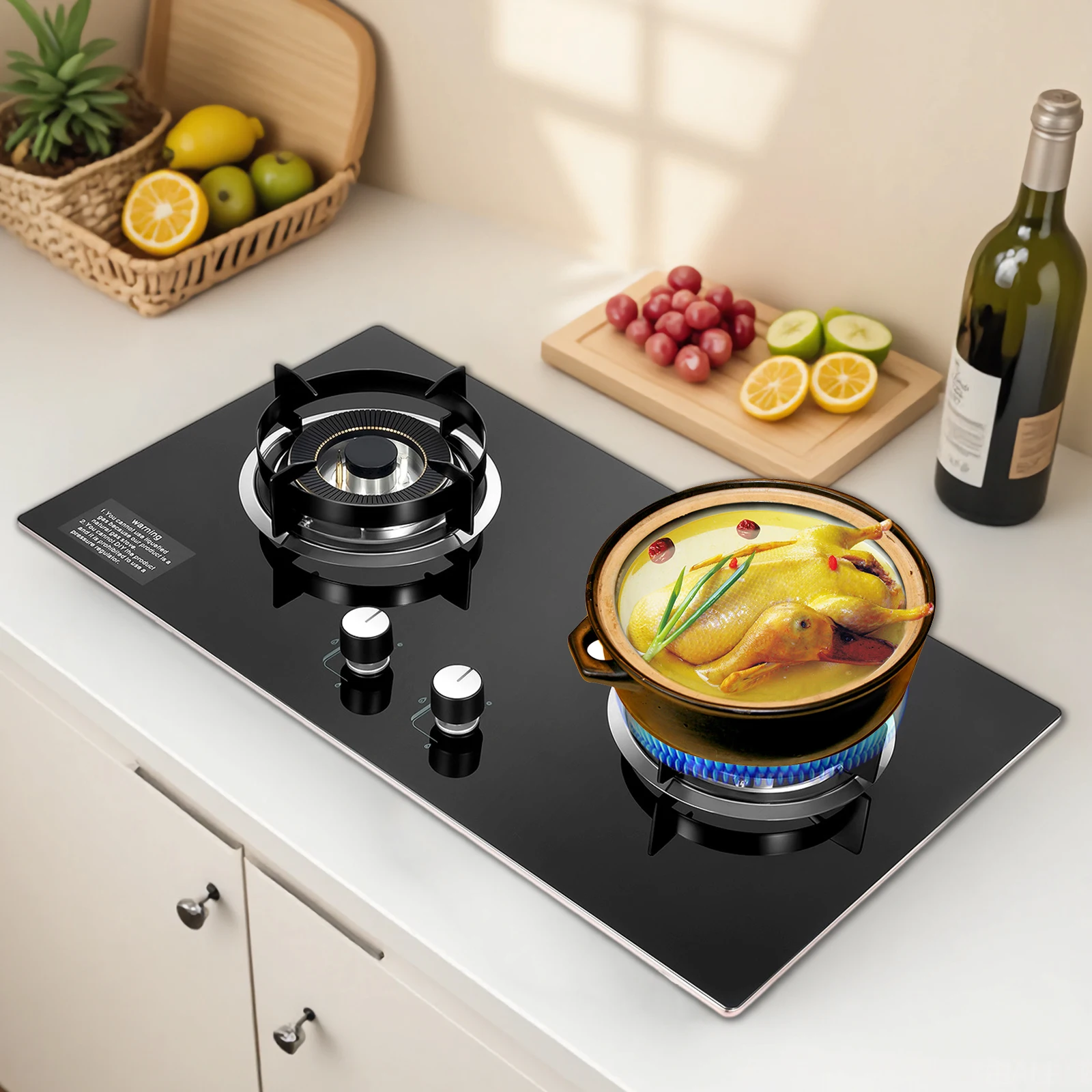 2 Burner Natural Gas Cooktop, Countertop/Recessed Tempered Glass Stove Lpg/Natural Gas Hob with Black Crystal Glass Panel and Thermocouple Flame Failure Protection, fits for Apartment, Outdoor, RV