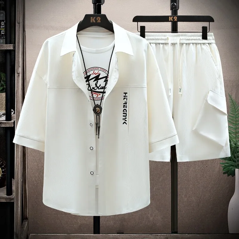 

2025 Spring/Summer High Quality Fashion Casual Men's Single breasted Shirt and Shorts Set, Fashionable Loose and Versatile