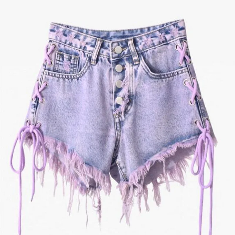 Purple Tassel Jean Shorts Lace-Up Denim Shorts Women\'s Summer High Waist Breasted Raw Edge A-Line Wide-Leg Hot Pant