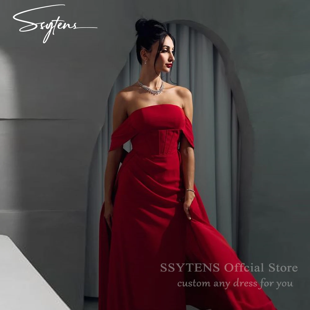 

SSYTENS Red Saudi Arabic Evening Dress Off Shoulder Wedding Party Dresses Mermaid Satin Customized Formal Occasion Dress Women