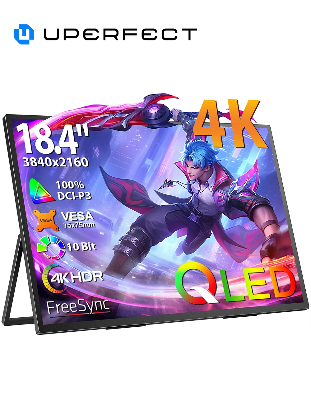 UPERFECT 18.4" 4K QLED Portable Gaming Monitor UHD 3840 * 2160 QHD Ultra-Slim FreeSync HDR with Kickstand for Steam Deck