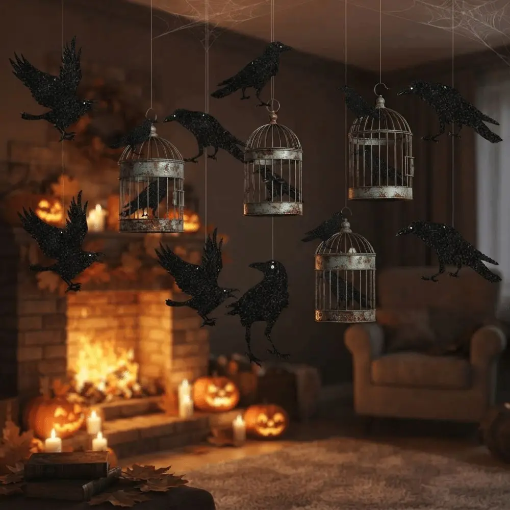 12pcs Dark Glittery Halloween Garland Lightweight Thick Paper Black Crow Hanging Decor Flat Pack Ready To Hang